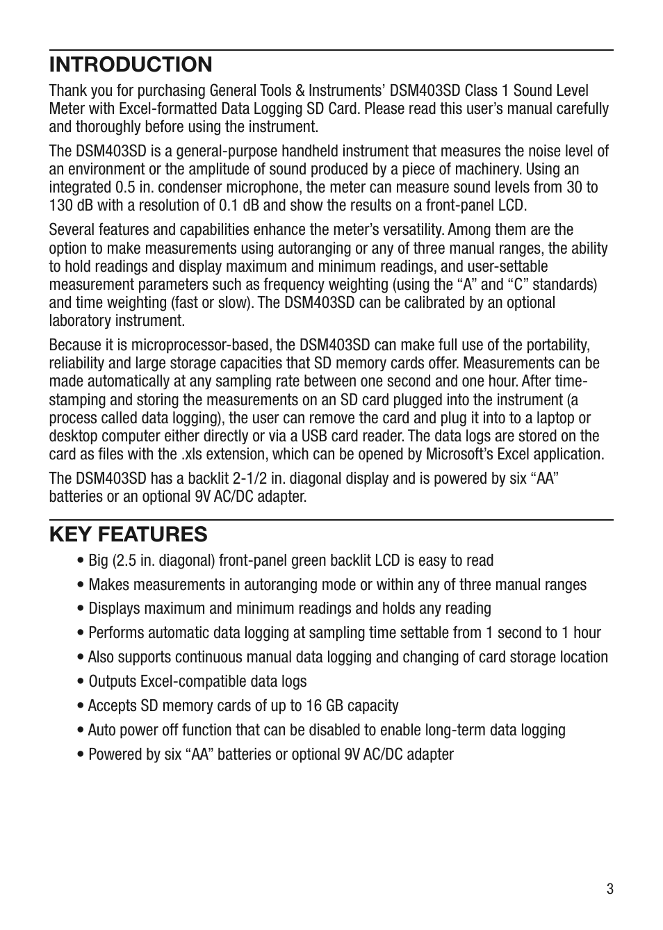 Introduction, Key features | General Tools and Instruments DSM403SD User Manual | Page 3 / 12