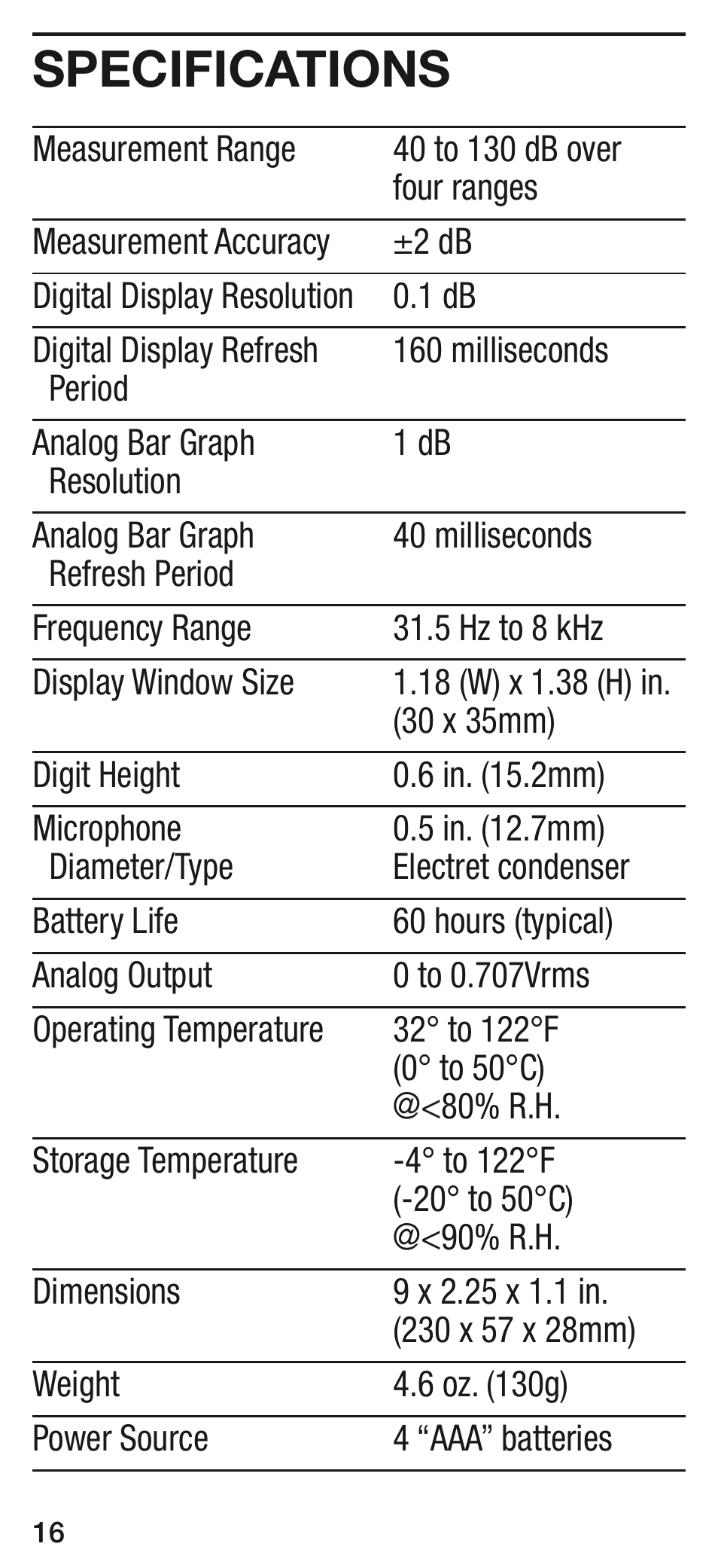 Specifications | General Tools and Instruments DSM8925 User Manual | Page 16 / 20