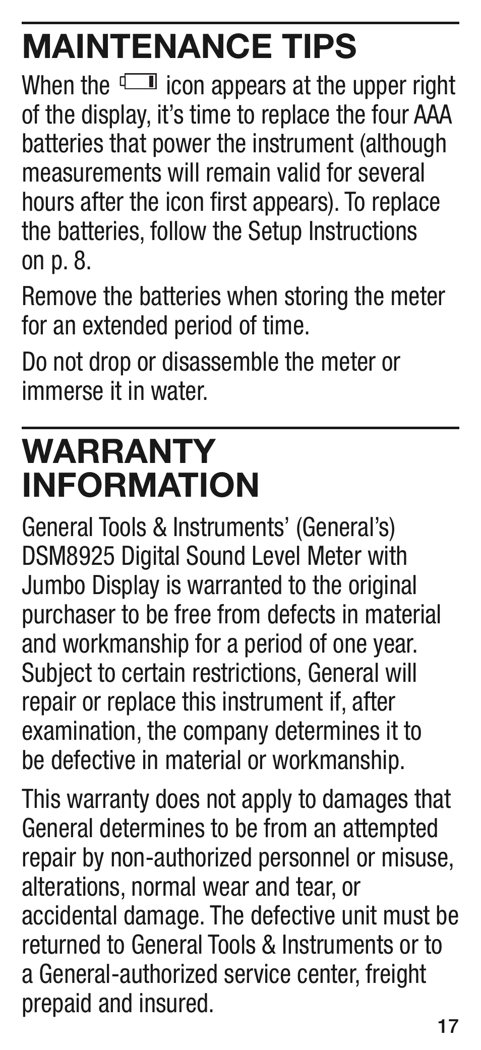 Maintenance tips, Warranty information | General Tools and Instruments DSM8925 User Manual | Page 17 / 20