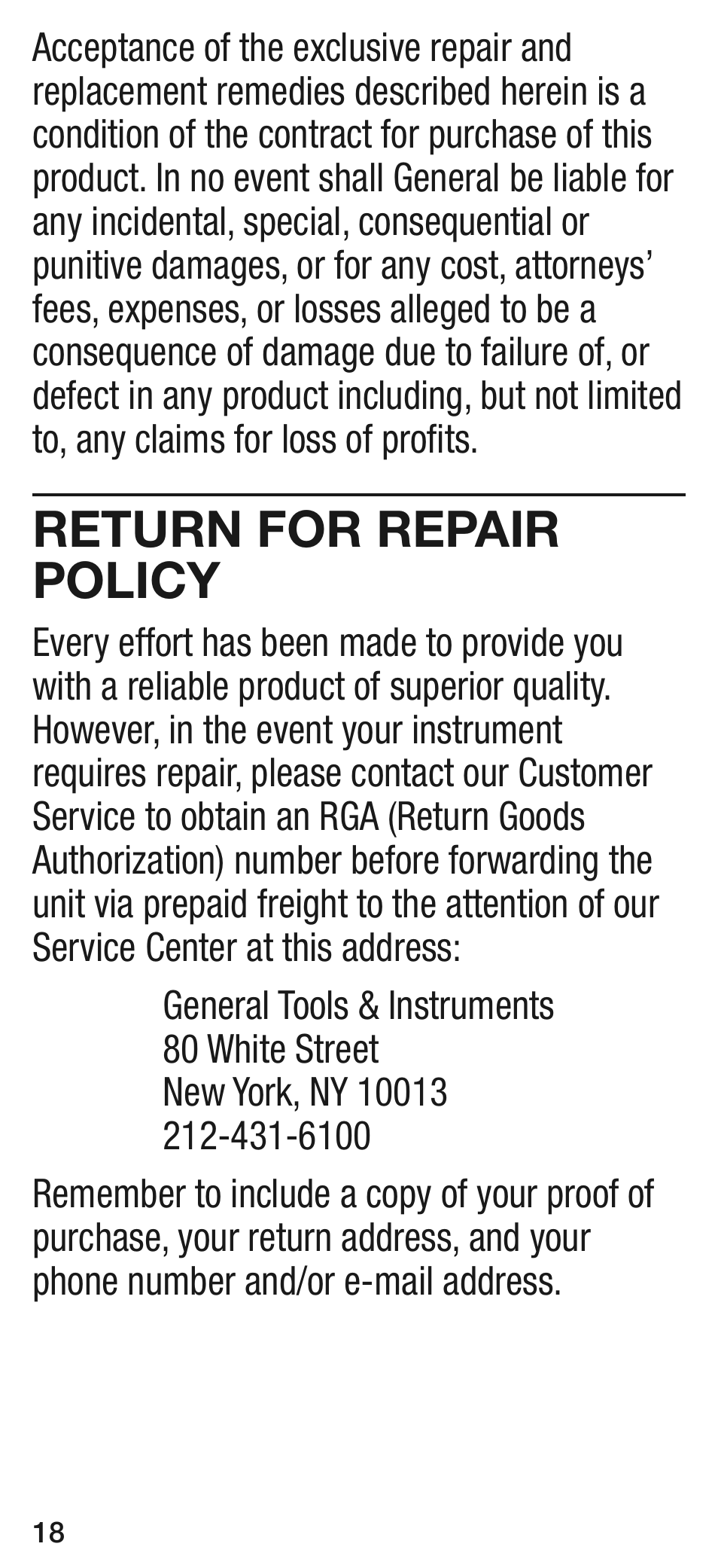 Return for repair policy | General Tools and Instruments DSM8925 User Manual | Page 18 / 20