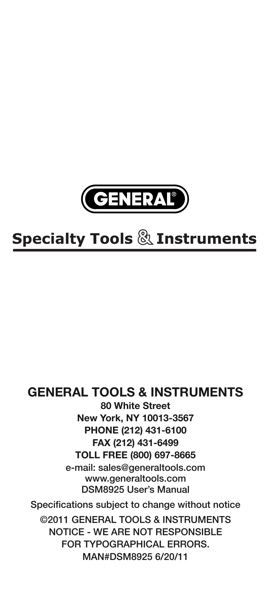 General tools & instruments | General Tools and Instruments DSM8925 User Manual | Page 20 / 20