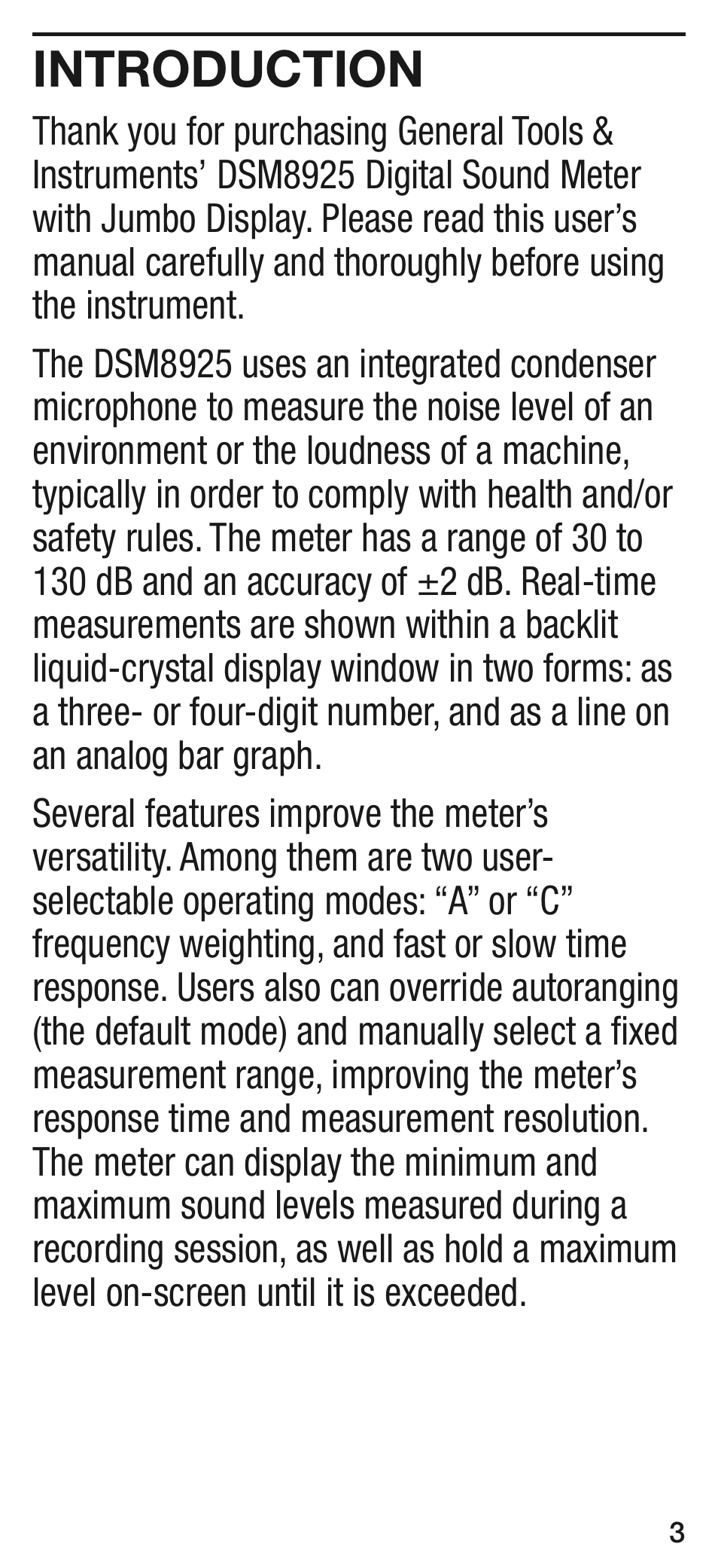 Introduction | General Tools and Instruments DSM8925 User Manual | Page 3 / 20