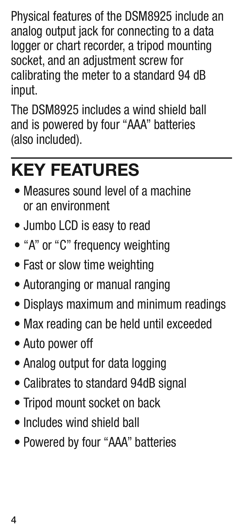 Key features | General Tools and Instruments DSM8925 User Manual | Page 4 / 20