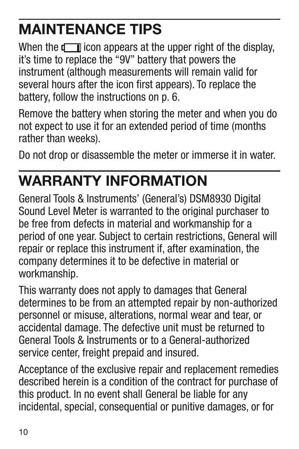 Maintenance tips, Warranty information | General Tools and Instruments DSM8930 User Manual | Page 10 / 12