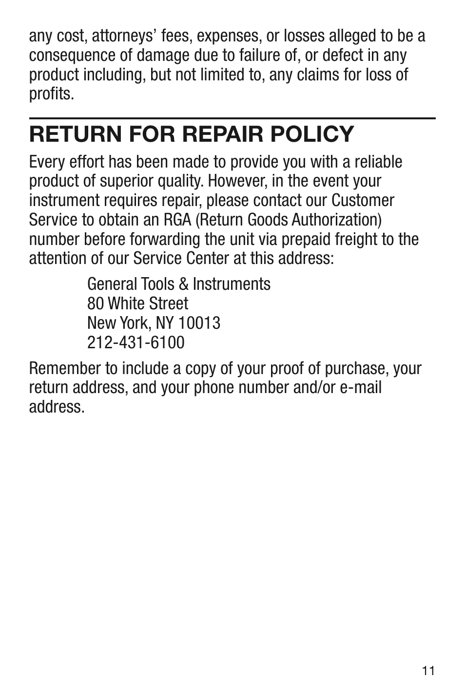 Return for repair policy | General Tools and Instruments DSM8930 User Manual | Page 11 / 12