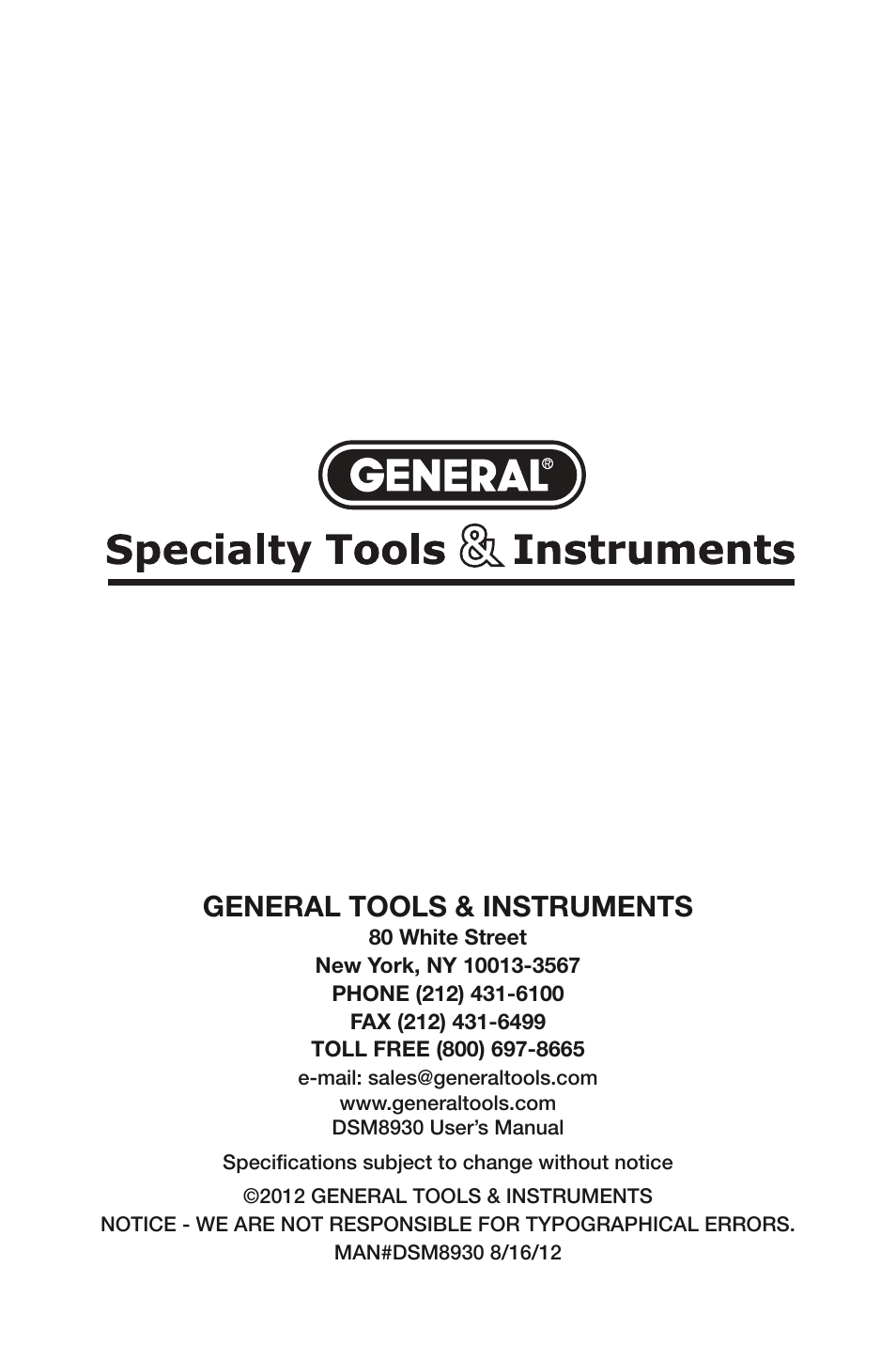 General tools & instruments | General Tools and Instruments DSM8930 User Manual | Page 12 / 12