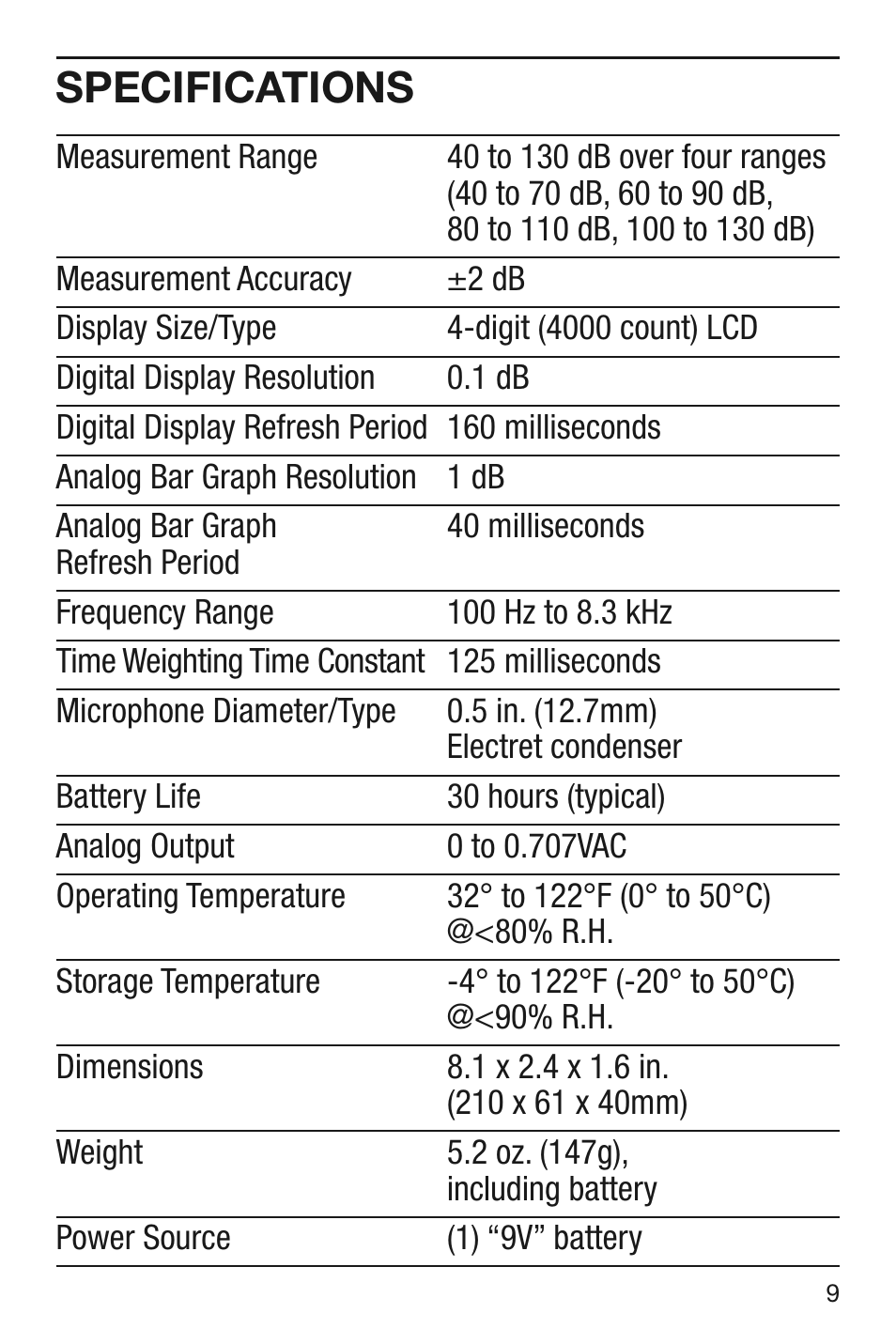 Specifications | General Tools and Instruments DSM8930 User Manual | Page 9 / 12