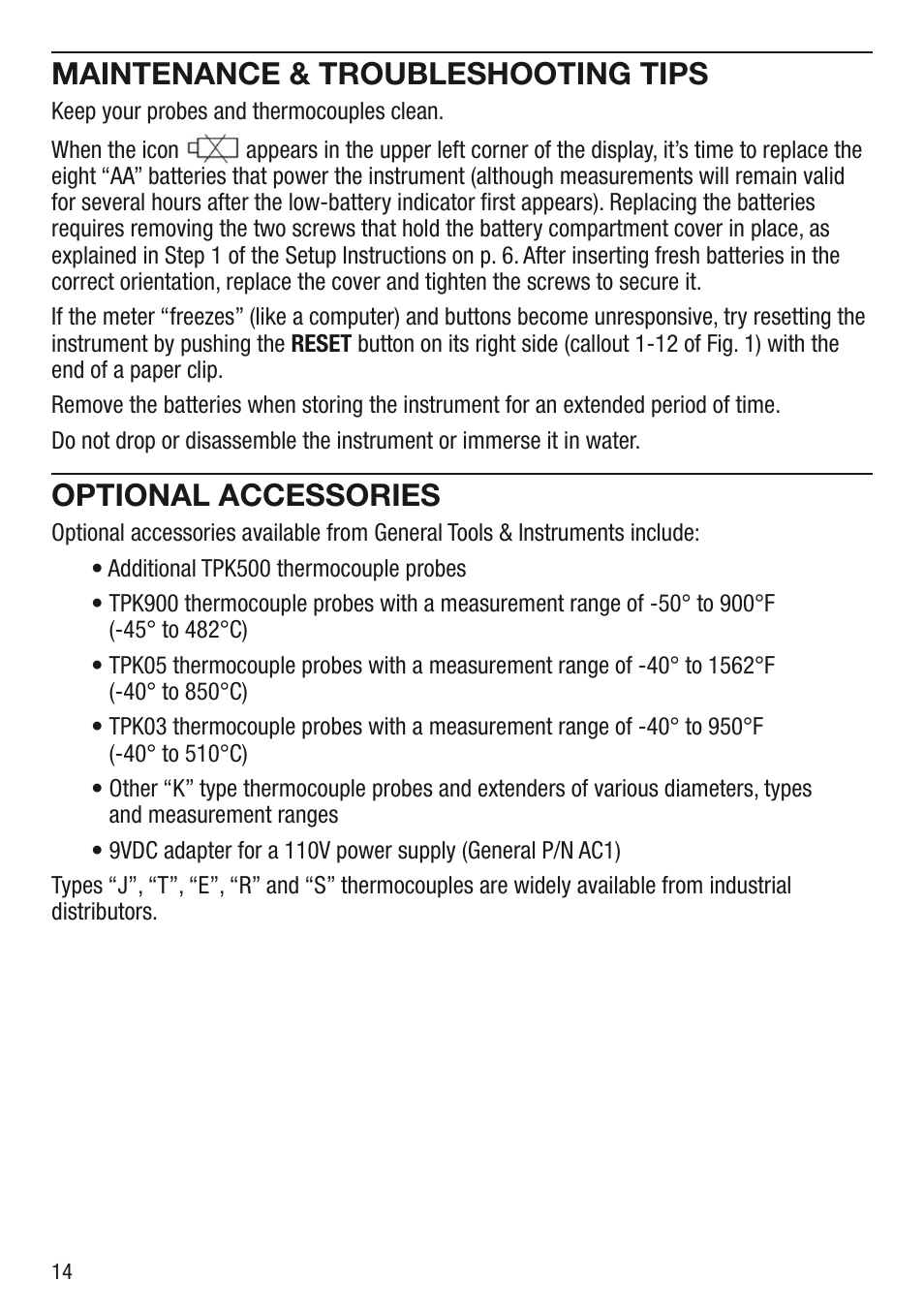 Maintenance & troubleshooting tips, Optional accessories | General Tools and Instruments DT4208SD User Manual | Page 14 / 16