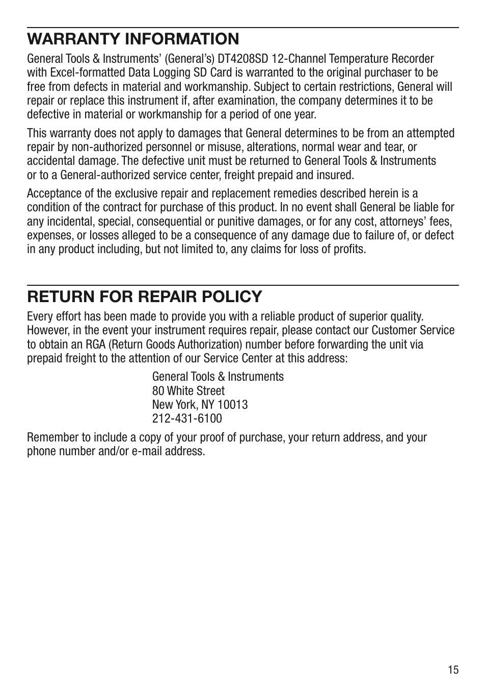 Warranty information, Return for repair policy | General Tools and Instruments DT4208SD User Manual | Page 15 / 16