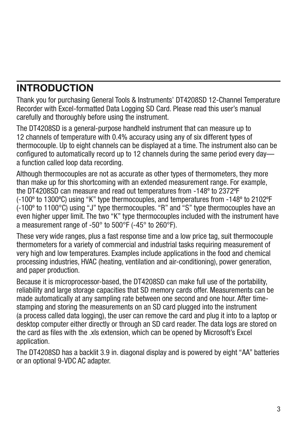 Introduction | General Tools and Instruments DT4208SD User Manual | Page 3 / 16