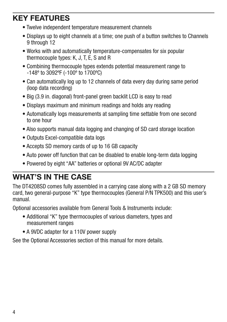 Key features, What’s in the case | General Tools and Instruments DT4208SD User Manual | Page 4 / 16