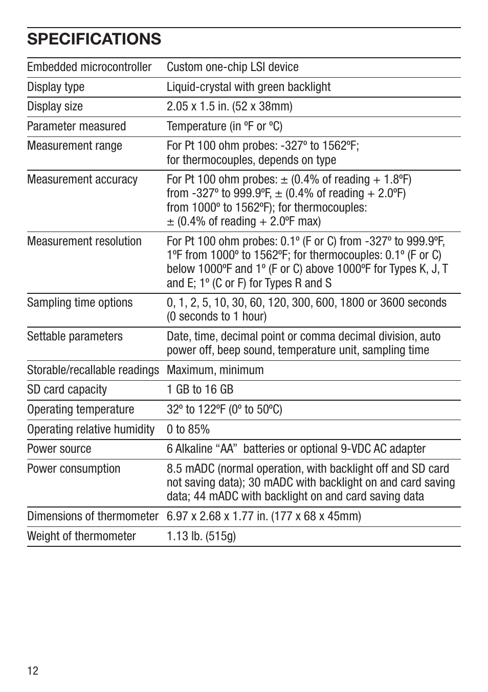 Specifications | General Tools and Instruments DT4947SD User Manual | Page 12 / 16