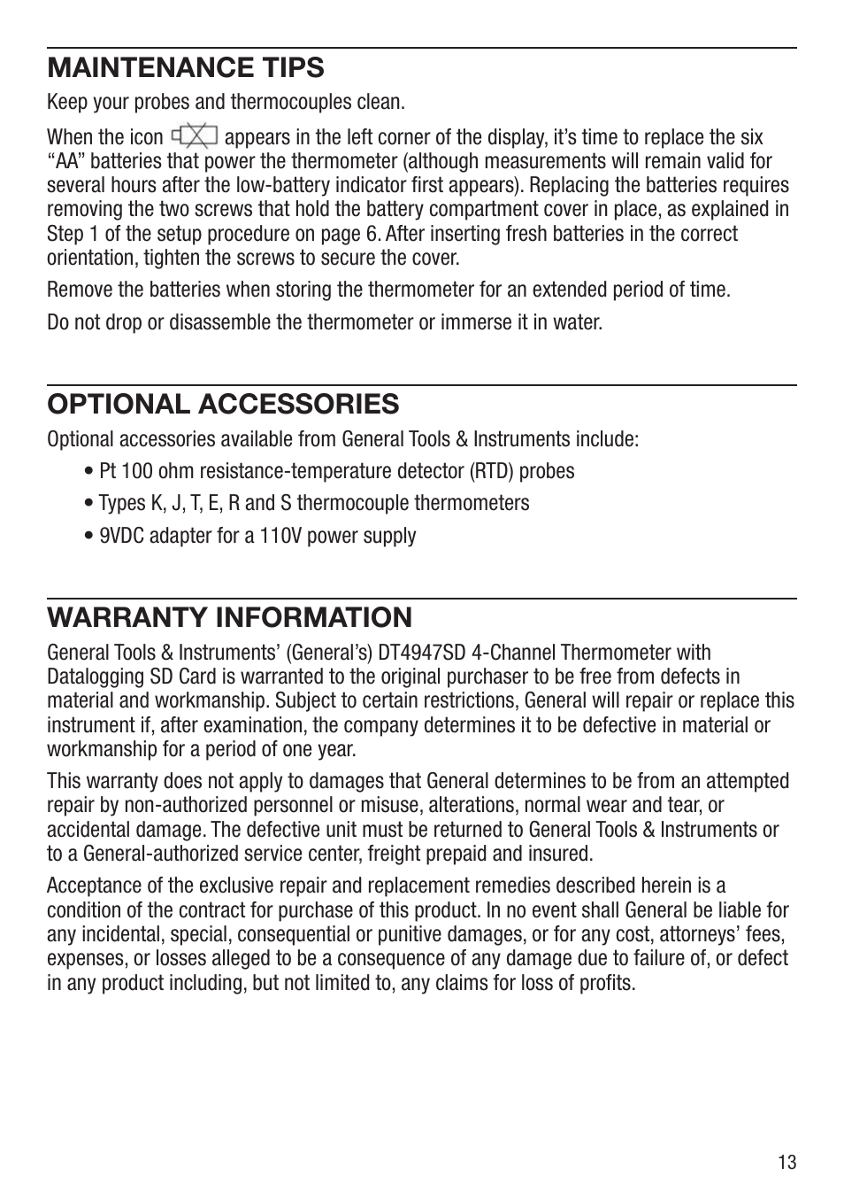 Maintenance tips, Optional accessories, Warranty information | General Tools and Instruments DT4947SD User Manual | Page 13 / 16