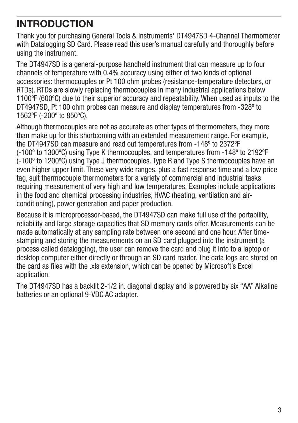 Introduction | General Tools and Instruments DT4947SD User Manual | Page 3 / 16