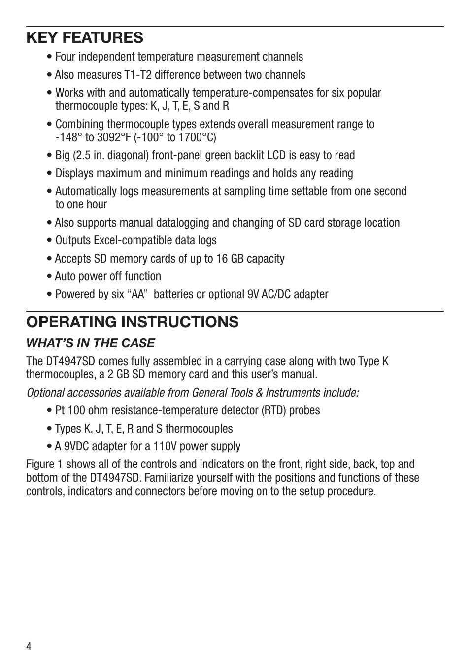 Key features, Operating instructions | General Tools and Instruments DT4947SD User Manual | Page 4 / 16