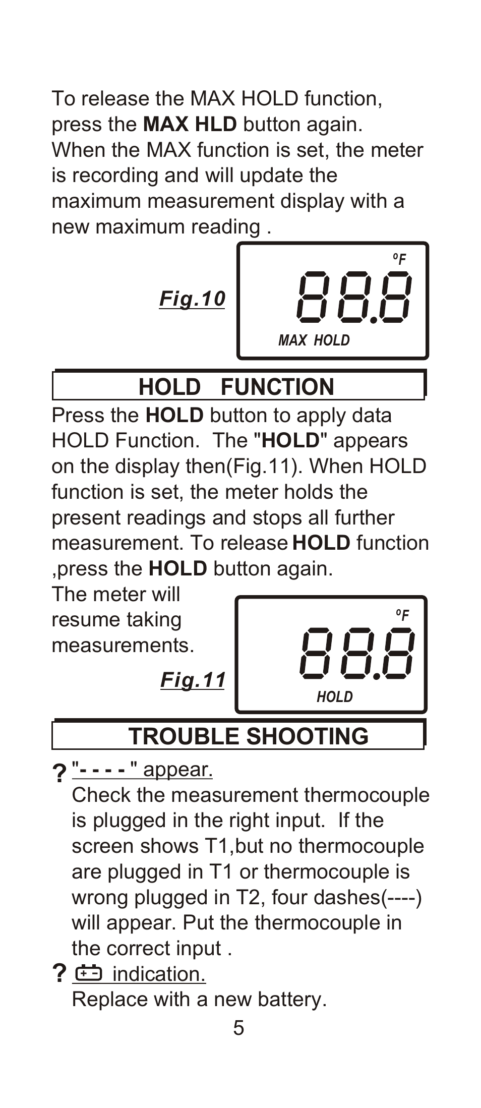 Hold function, Trouble shooting | General Tools and Instruments DT8803 User Manual | Page 6 / 9
