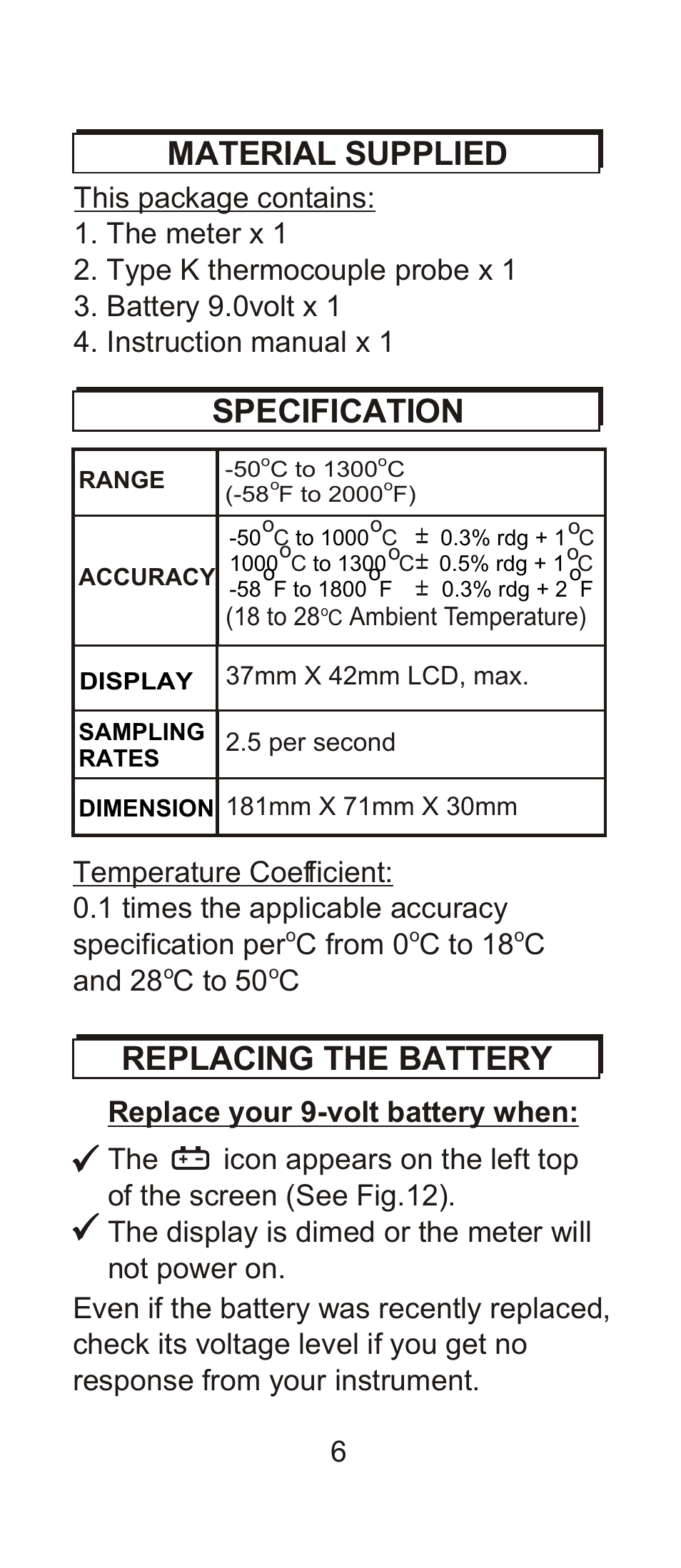 Specification replacing the battery, Material supplied, Specification per c from 0 c to 18 c | General Tools and Instruments DT8803 User Manual | Page 7 / 9