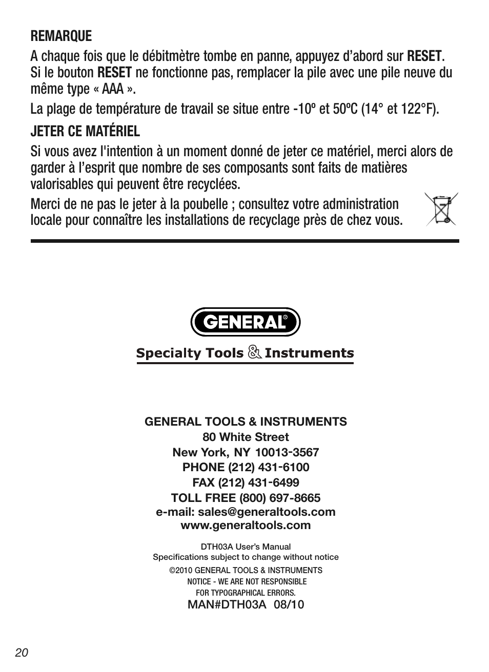 General Tools and Instruments DTH03A User Manual | Page 20 / 20