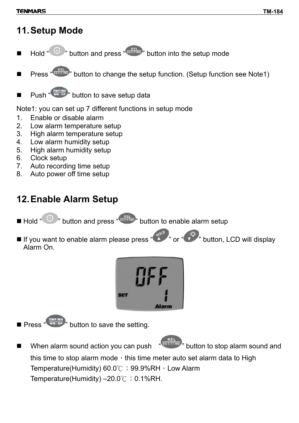 Setup mode, Enable alarm setup | General Tools and Instruments DTH184DL User Manual | Page 10 / 20