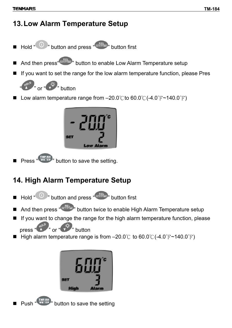 Low alarm temperature setup, High alarm temperature setup | General Tools and Instruments DTH184DL User Manual | Page 11 / 20
