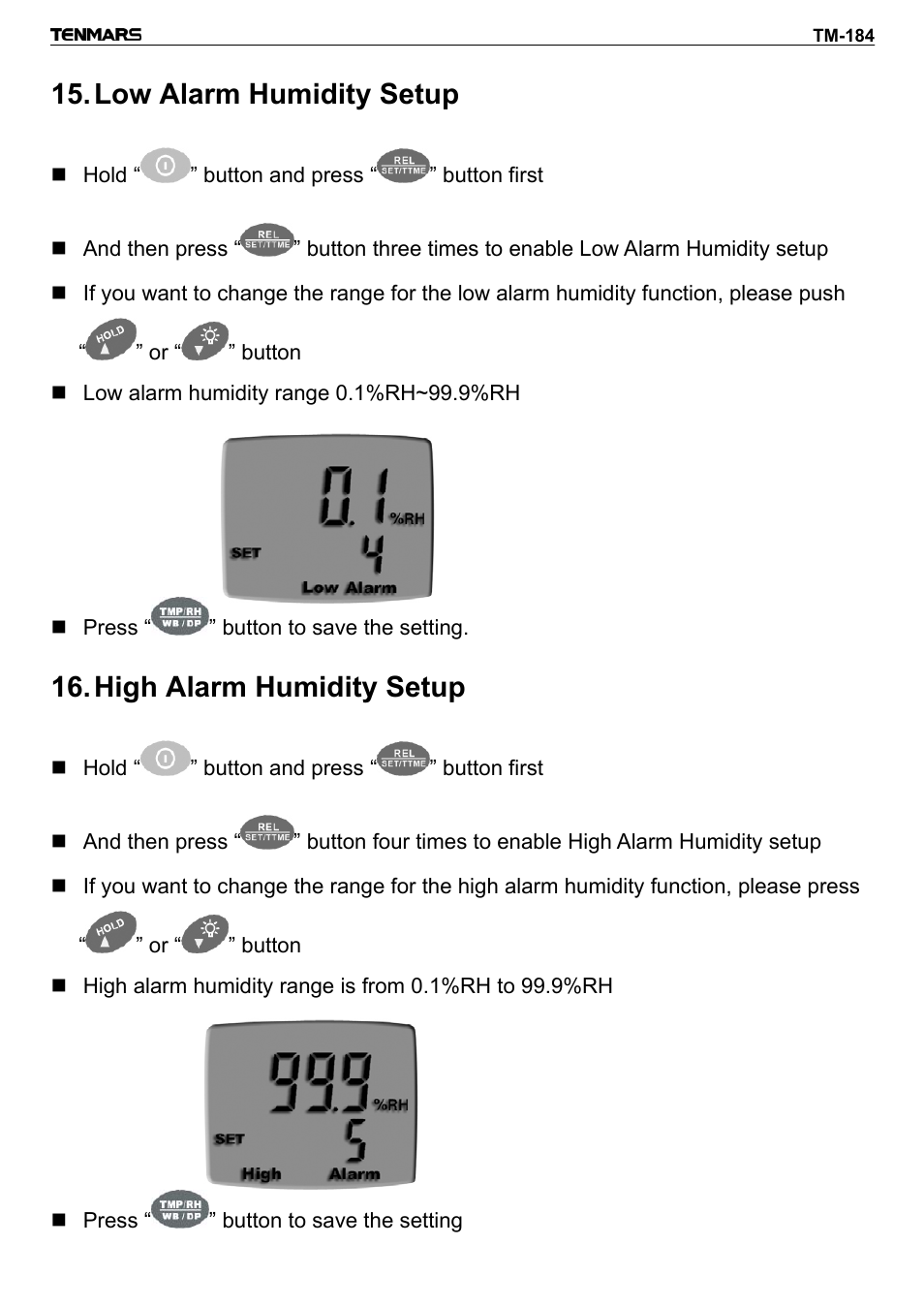 Low alarm humidity setup, High alarm humidity setup | General Tools and Instruments DTH184DL User Manual | Page 12 / 20