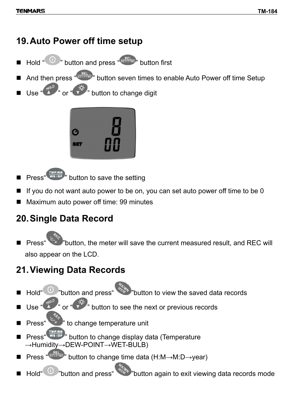 Auto power off time setup, Single data record, Viewing data records | General Tools and Instruments DTH184DL User Manual | Page 14 / 20