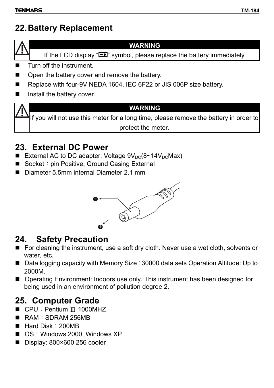 Battery replacement, Warning, External dc power | Safety precaution, Computer grade | General Tools and Instruments DTH184DL User Manual | Page 15 / 20
