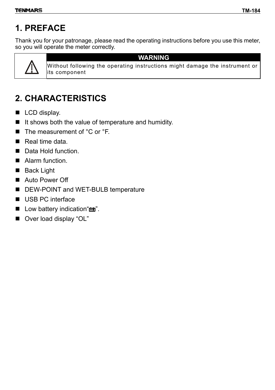 Preface, Warning, Characteristics | General Tools and Instruments DTH184DL User Manual | Page 5 / 20