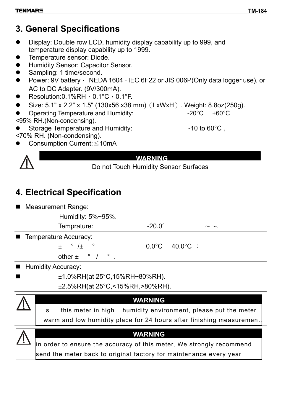 General specifications, Warning, Electrical specification | General Tools and Instruments DTH184DL User Manual | Page 6 / 20