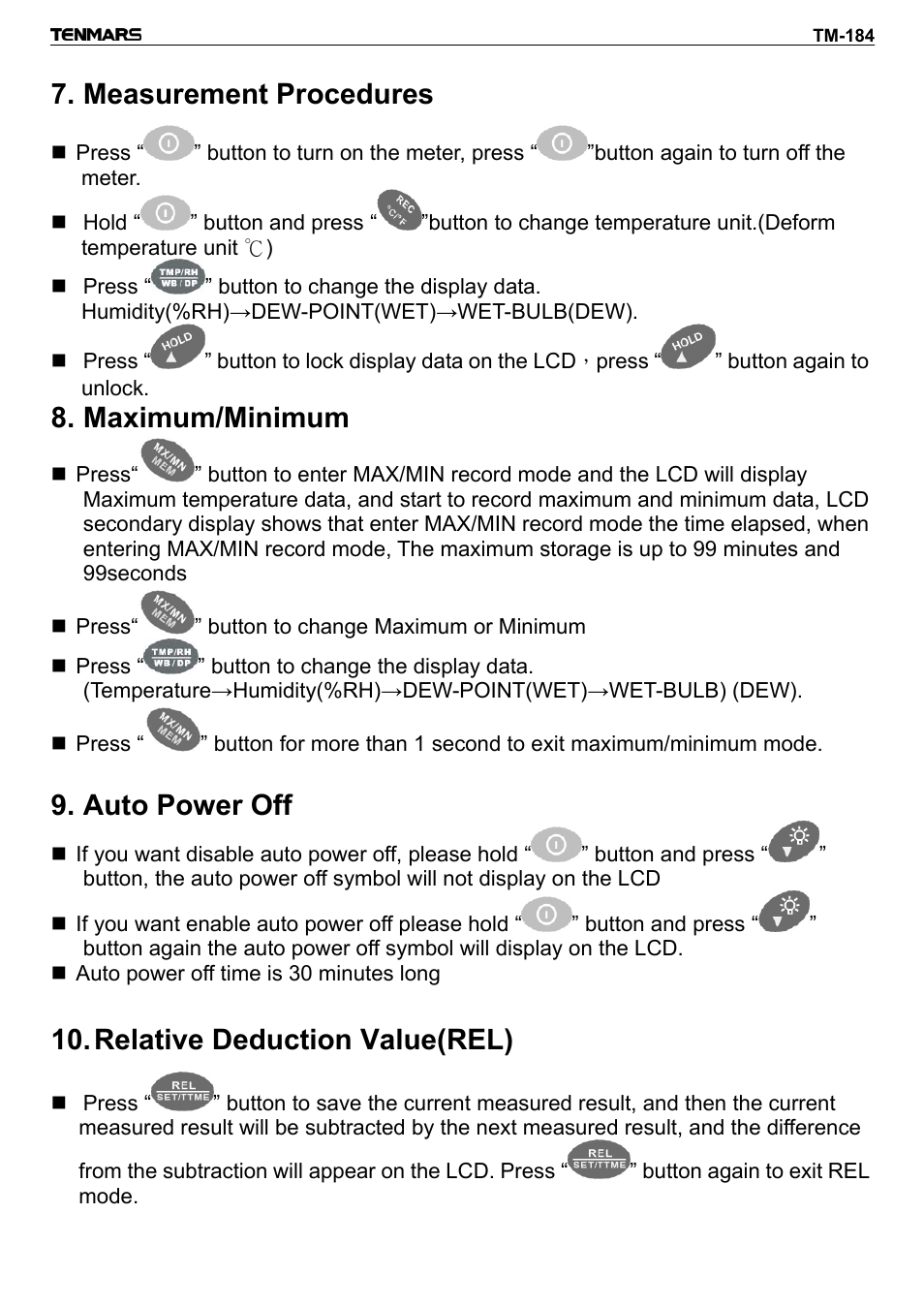 Measurement procedures, Maximum/minimum, Auto power off | Relative deduction value(rel) | General Tools and Instruments DTH184DL User Manual | Page 9 / 20
