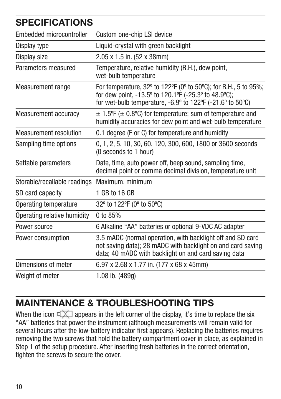 Specifications, Maintenance & troubleshooting tips | General Tools and Instruments DTH3007SD User Manual | Page 10 / 12