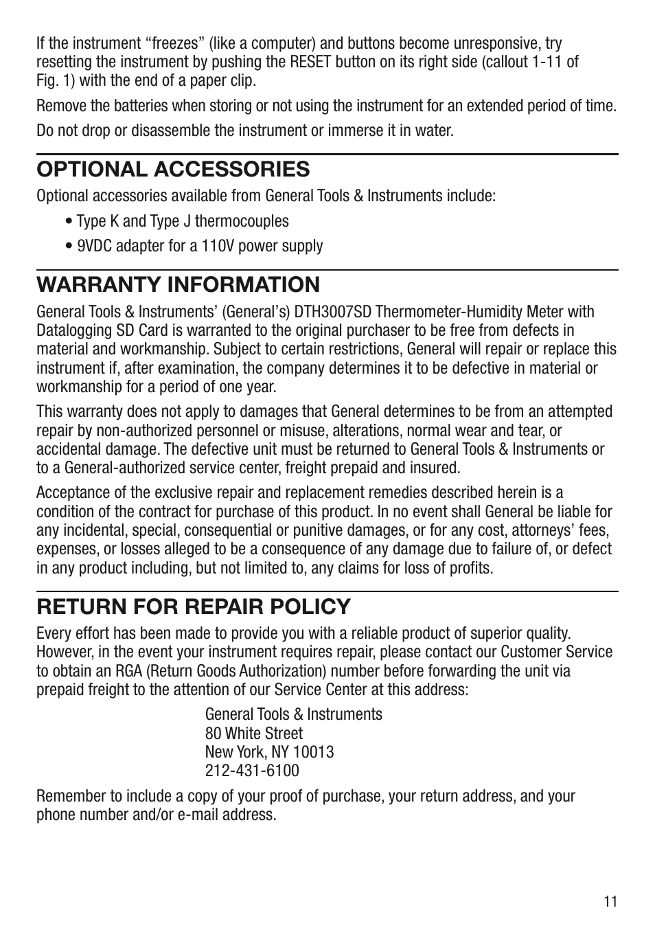 Optional accessories, Warranty information, Return for repair policy | General Tools and Instruments DTH3007SD User Manual | Page 11 / 12