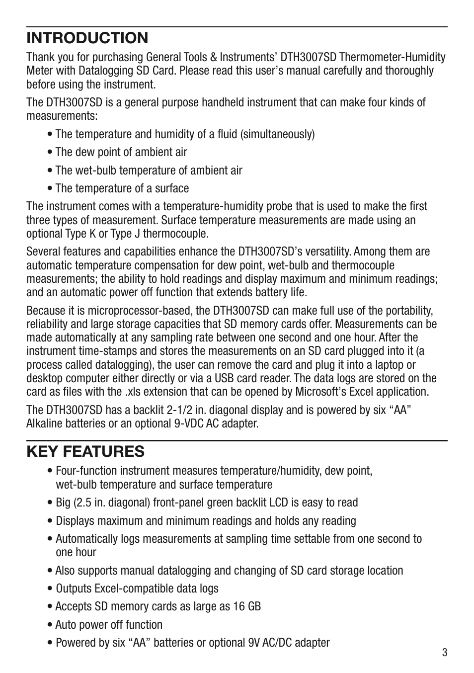 Introduction, Key features | General Tools and Instruments DTH3007SD User Manual | Page 3 / 12