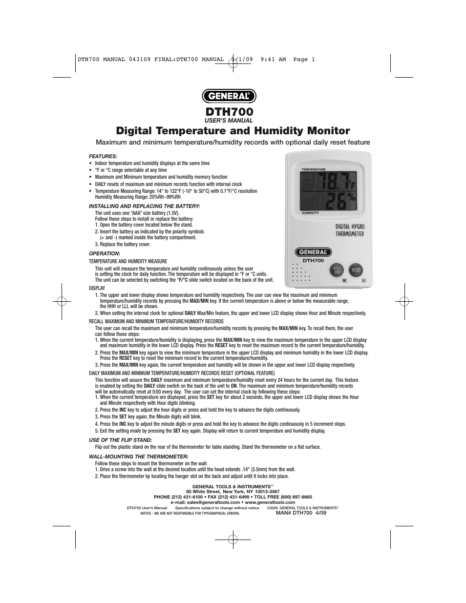 General Tools and Instruments DTH700 User Manual | 1 page