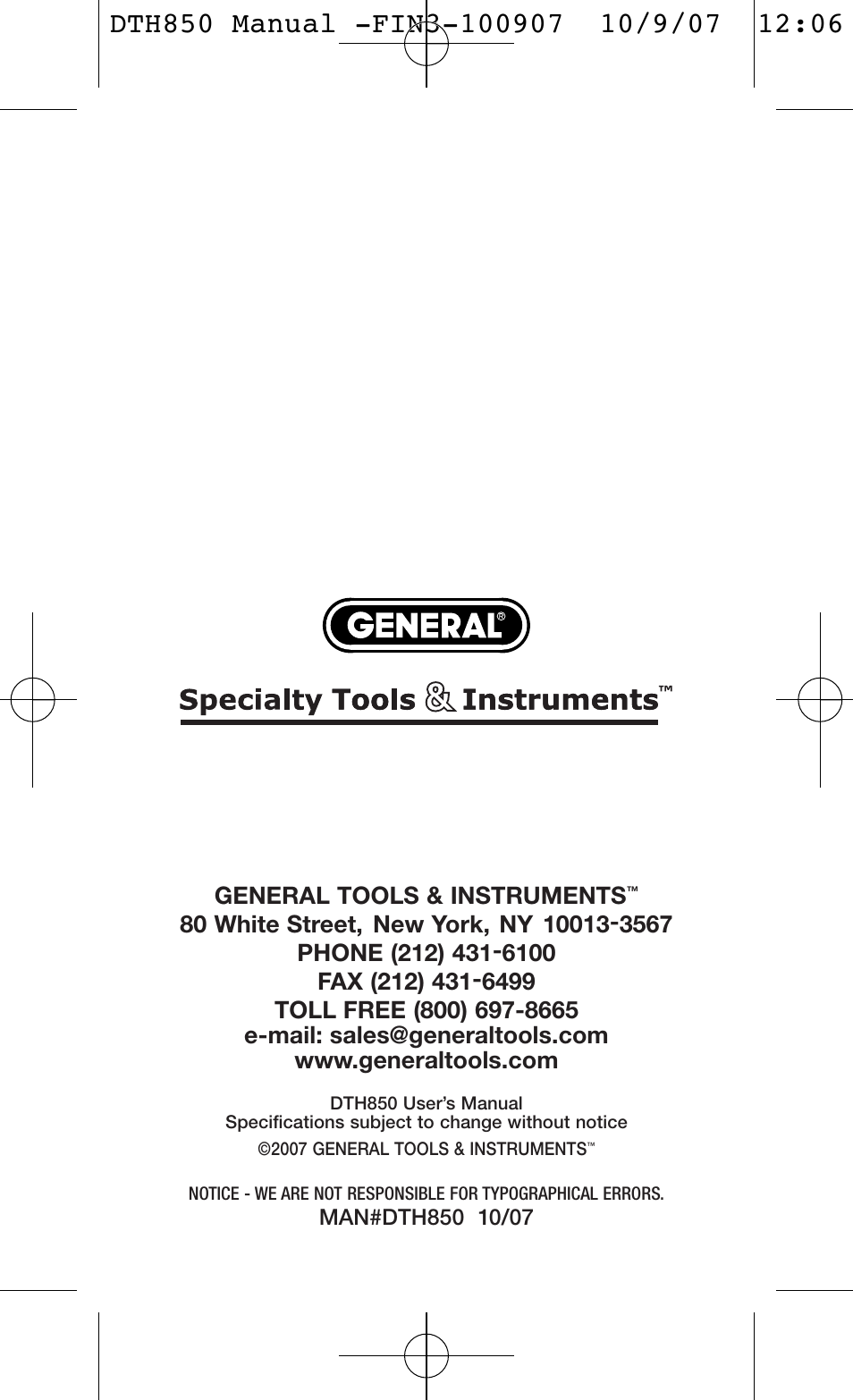 General Tools and Instruments DTH850 User Manual | Page 16 / 16