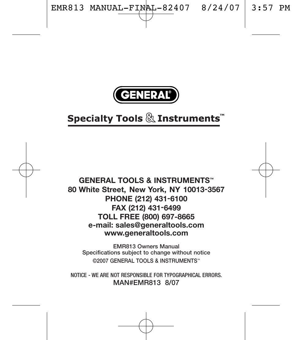 General Tools and Instruments EMR813 User Manual | Page 20 / 20