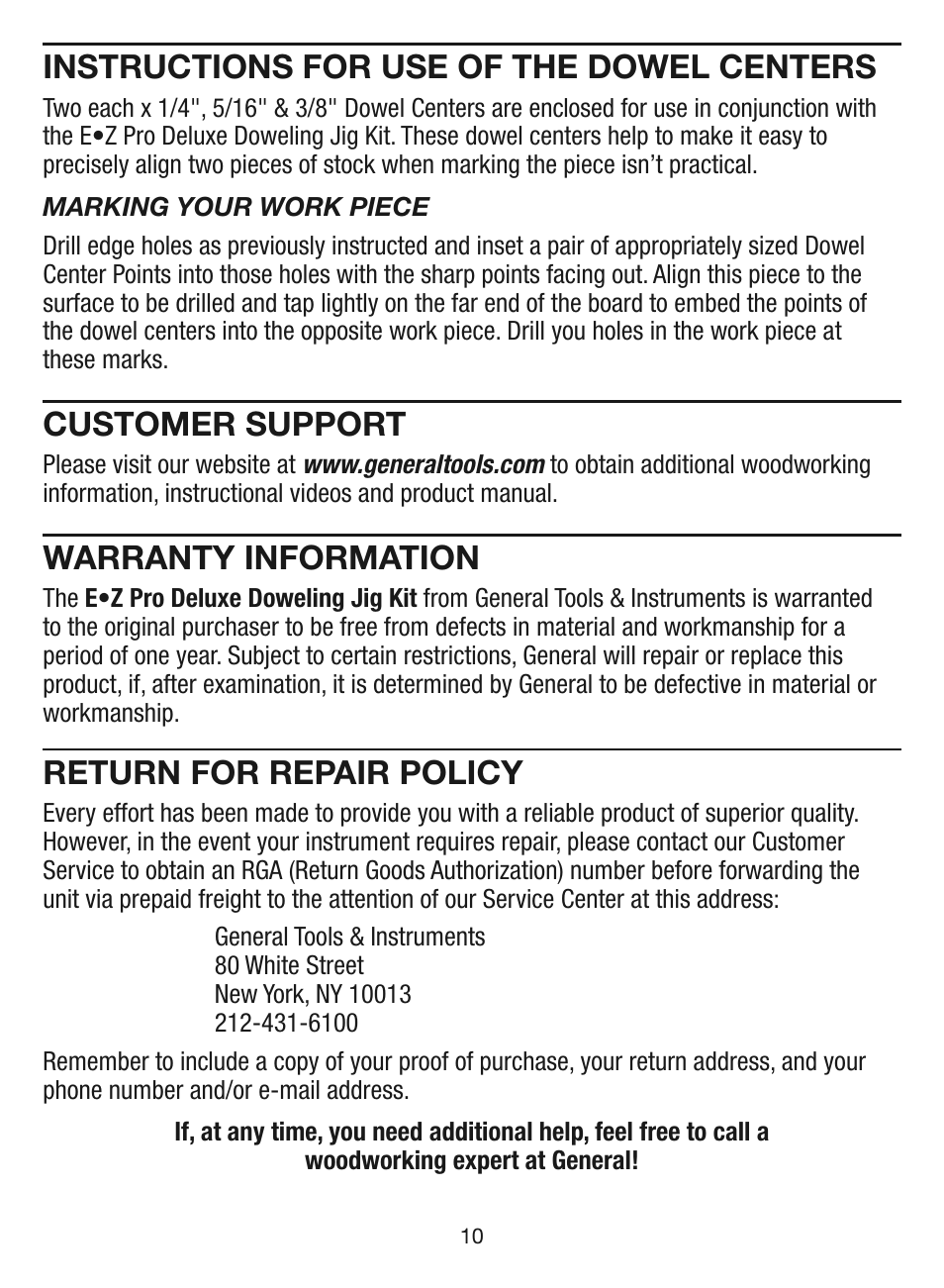Instructions for use of the dowel centers, Customer support, Warranty information | Return for repair policy | General Tools and Instruments EZPro851 User Manual | Page 10 / 32