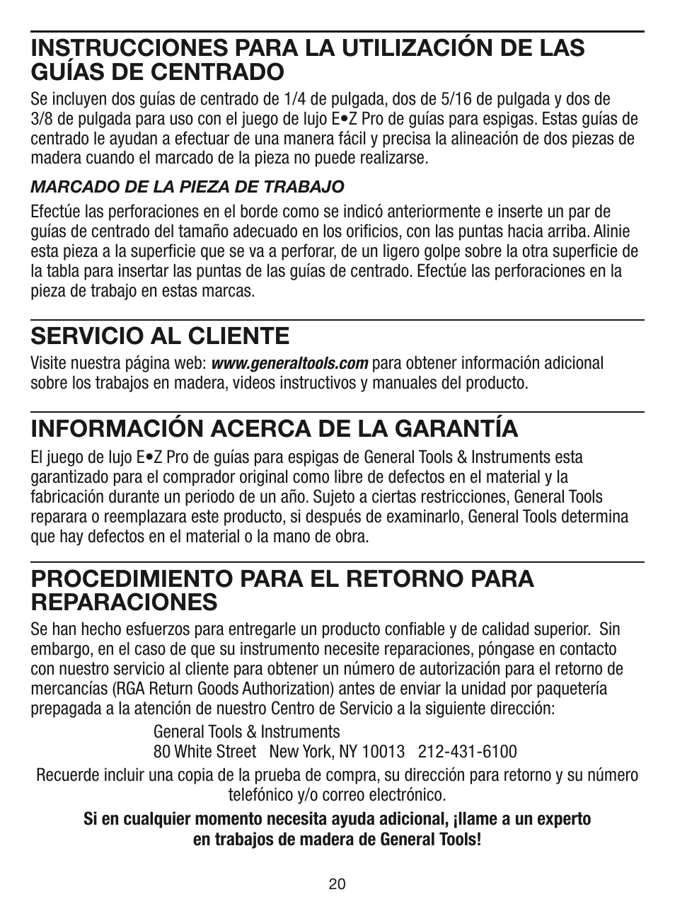 Servicio al cliente, Información acerca de la garantía, Procedimiento para el retorno para reparaciones | General Tools and Instruments EZPro851 User Manual | Page 20 / 32