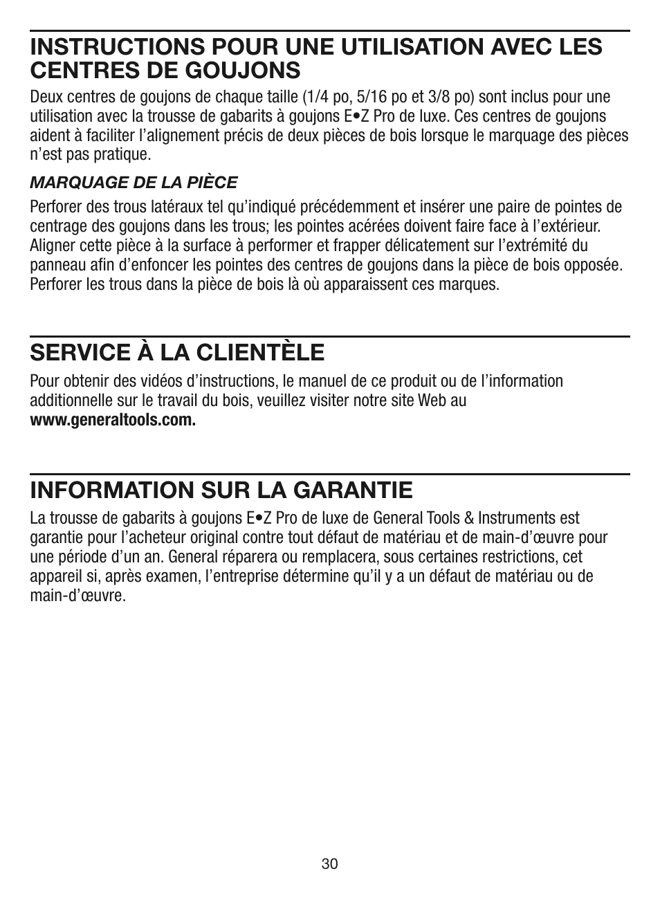 Service à la clientèle, Information sur la garantie | General Tools and Instruments EZPro851 User Manual | Page 30 / 32