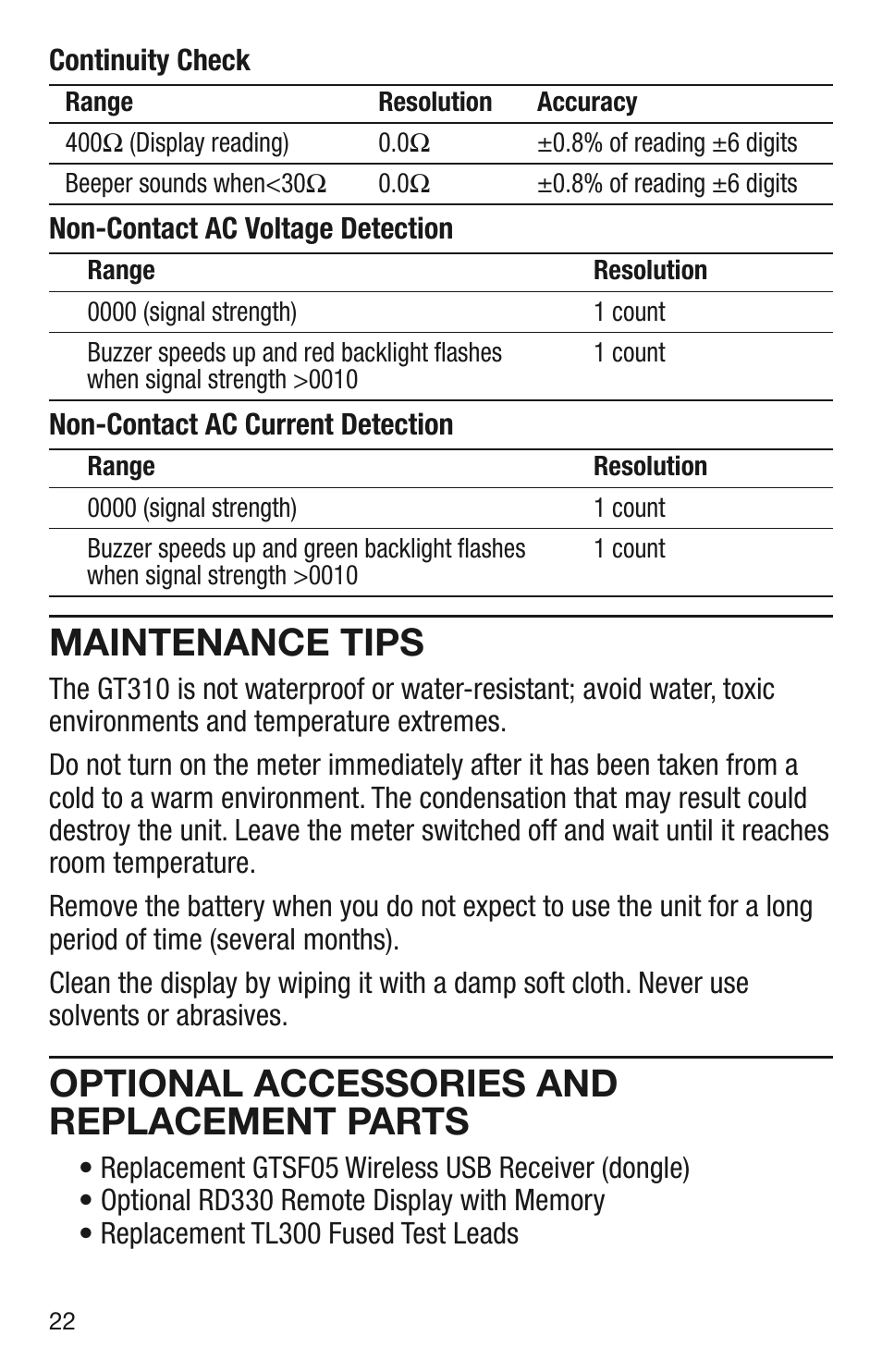 Maintenance tips, Optional accessories and replacement parts | General Tools and Instruments GT310 User Manual | Page 22 / 24