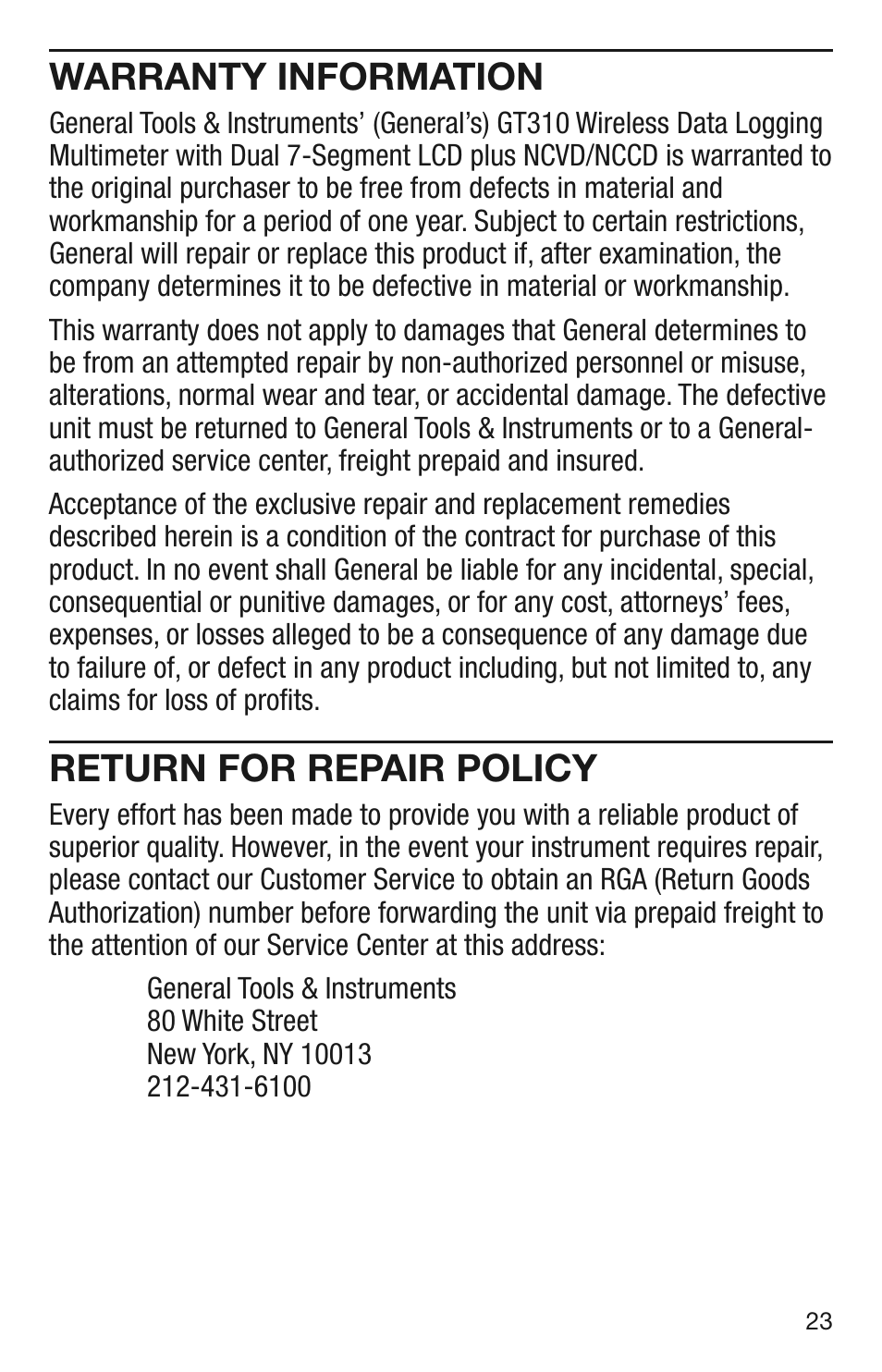 Warranty information, Return for repair policy | General Tools and Instruments GT310 User Manual | Page 23 / 24
