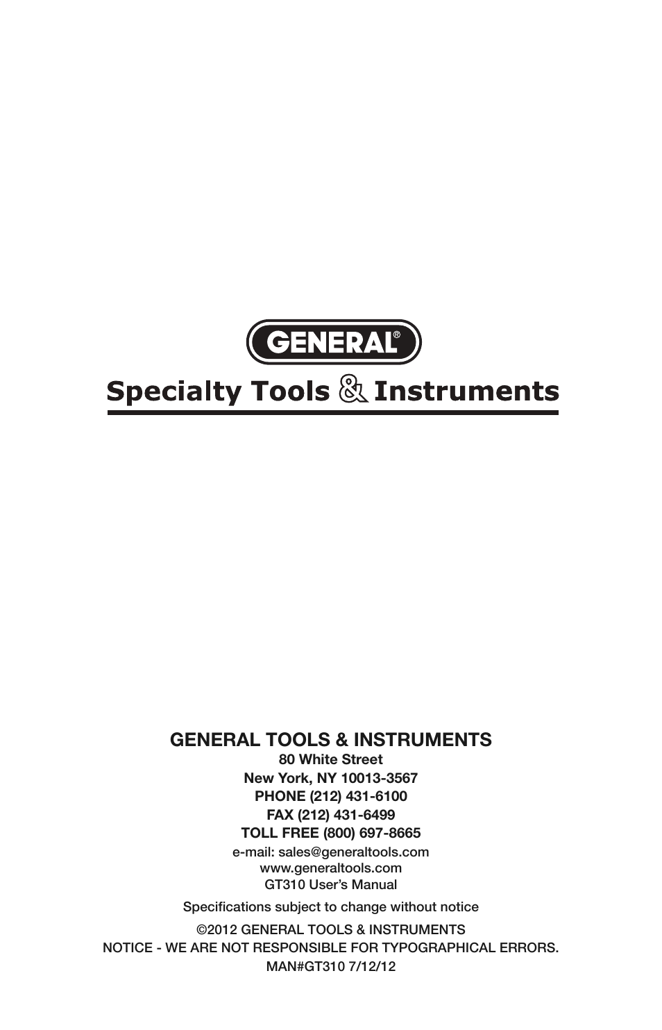General tools & instruments | General Tools and Instruments GT310 User Manual | Page 24 / 24