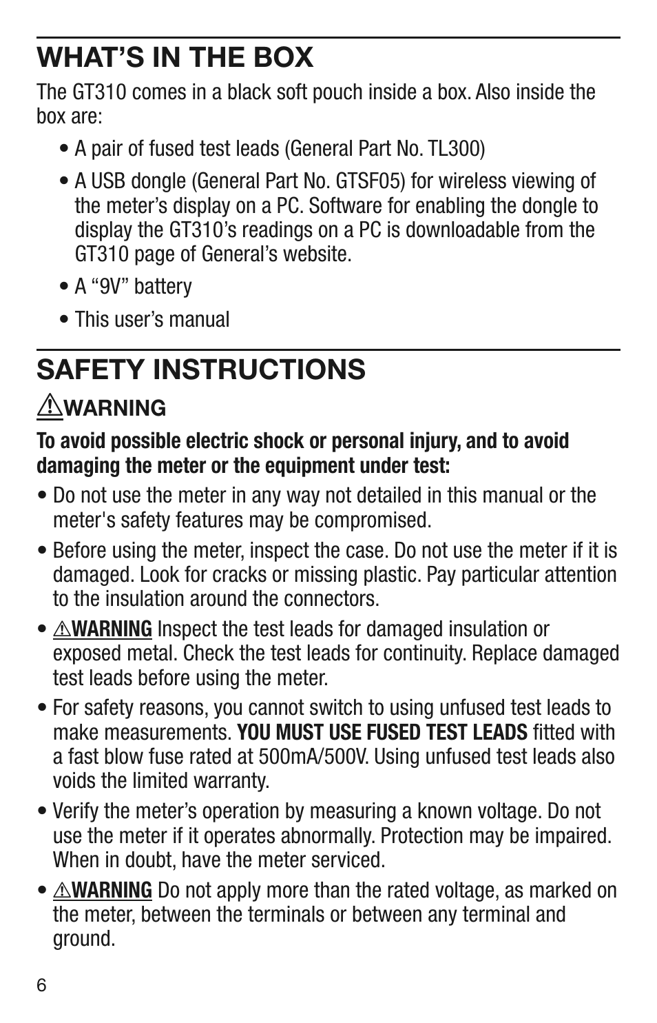 What’s in the box, Safety instructions | General Tools and Instruments GT310 User Manual | Page 6 / 24