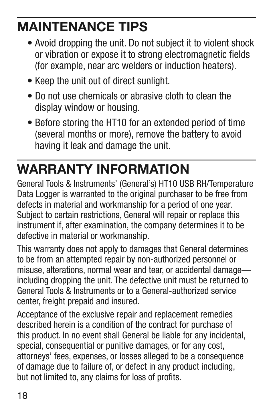 Maintenance tips, Warranty information | General Tools and Instruments HT10 User Manual | Page 18 / 20