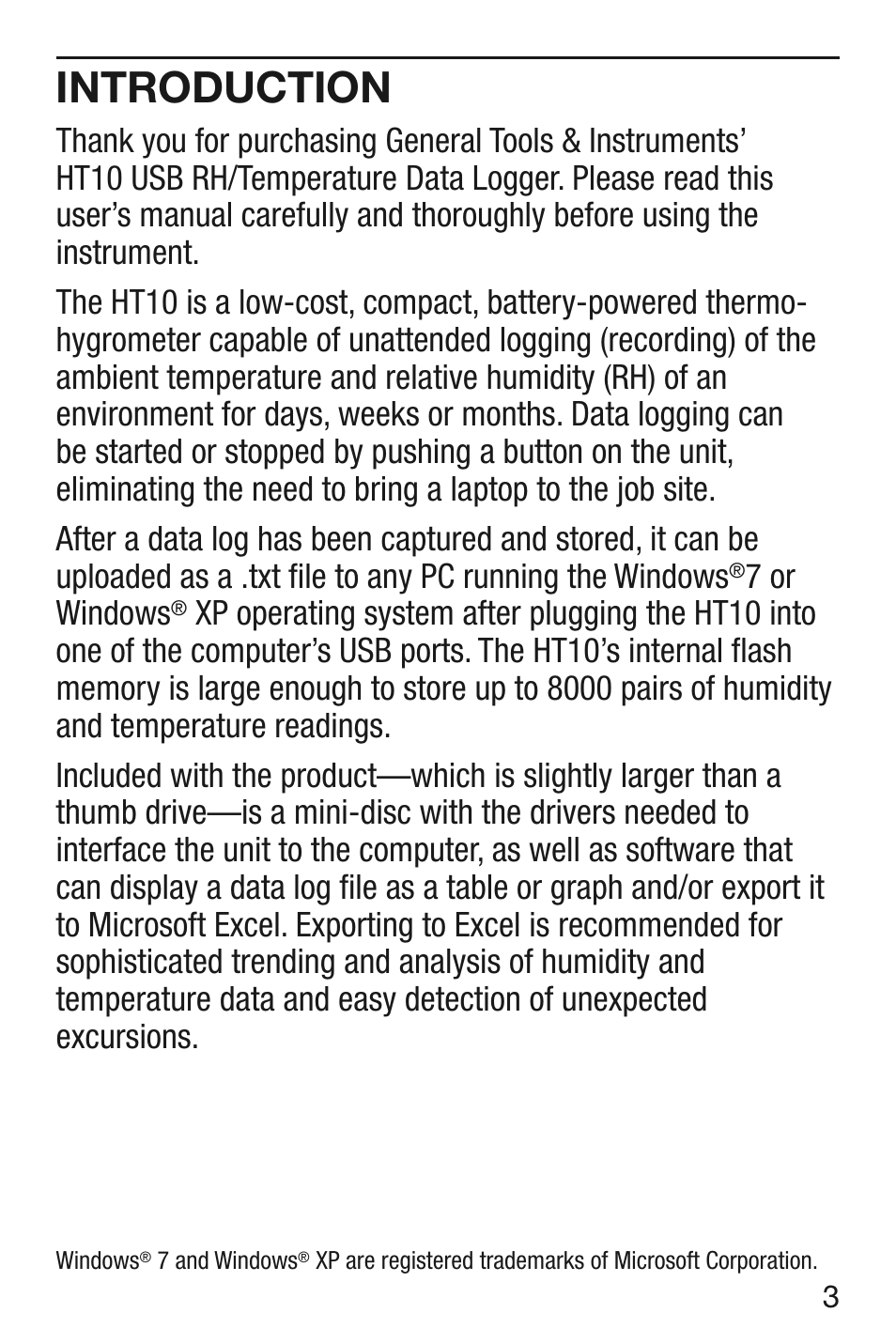 Introduction, 7 or windows | General Tools and Instruments HT10 User Manual | Page 3 / 20