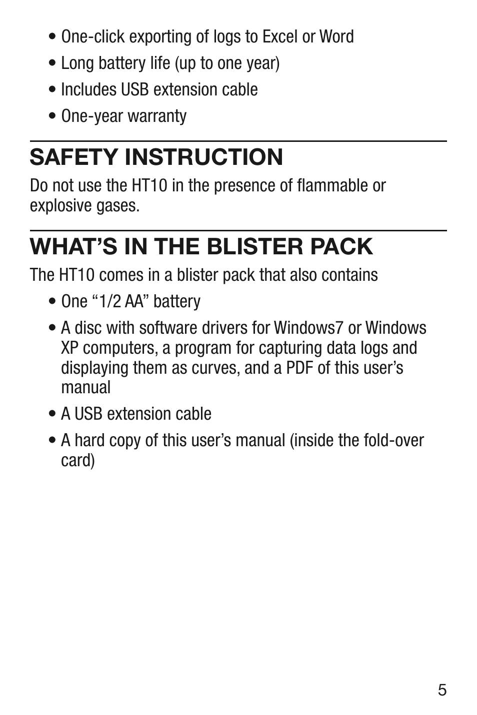 Safety instruction, What’s in the blister pack | General Tools and Instruments HT10 User Manual | Page 5 / 20