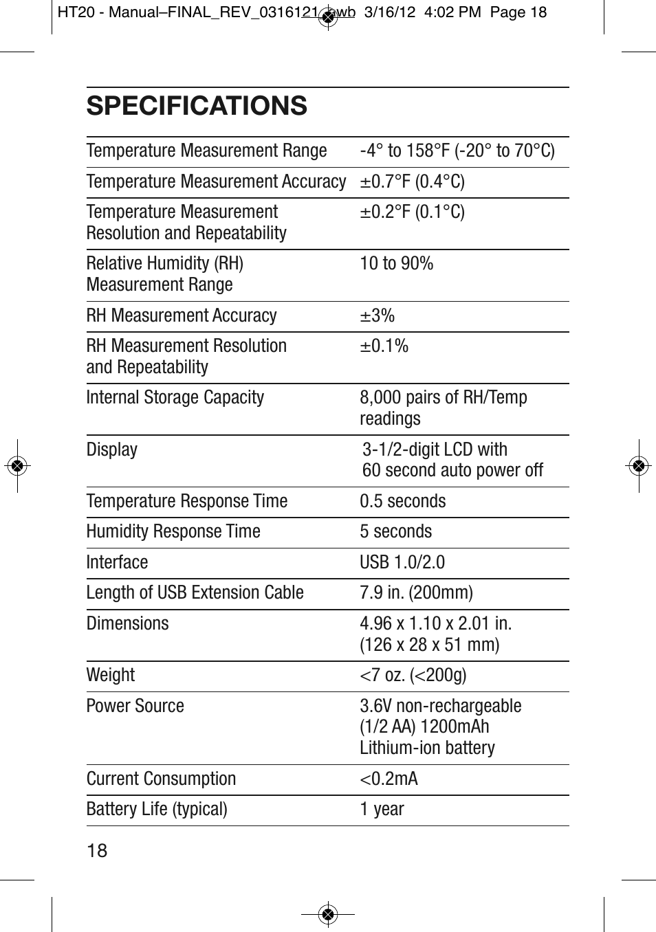 Specifications | General Tools and Instruments HT20 User Manual | Page 18 / 20