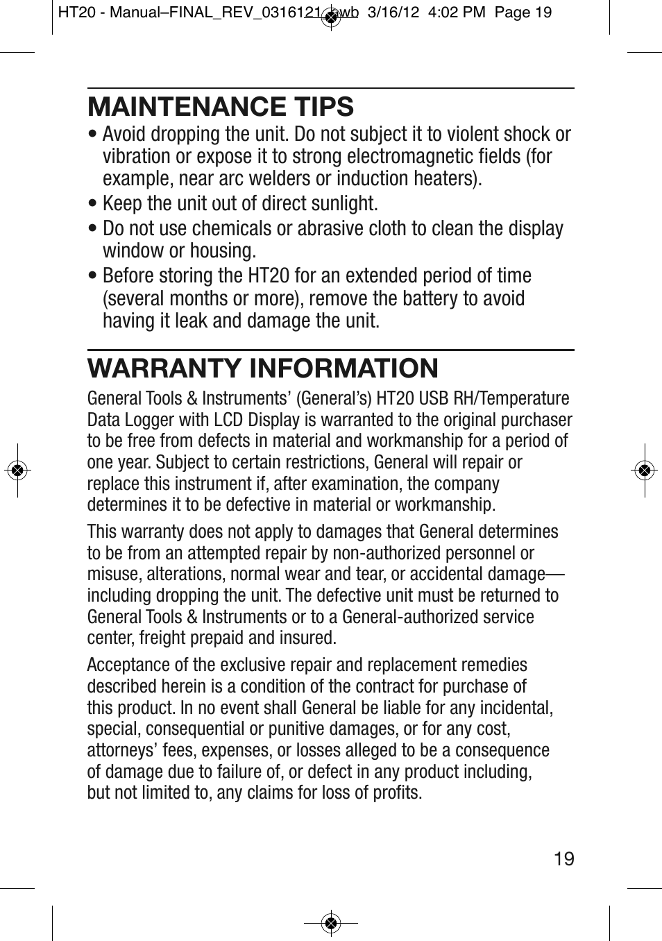 Maintenance tips, Warranty information | General Tools and Instruments HT20 User Manual | Page 19 / 20