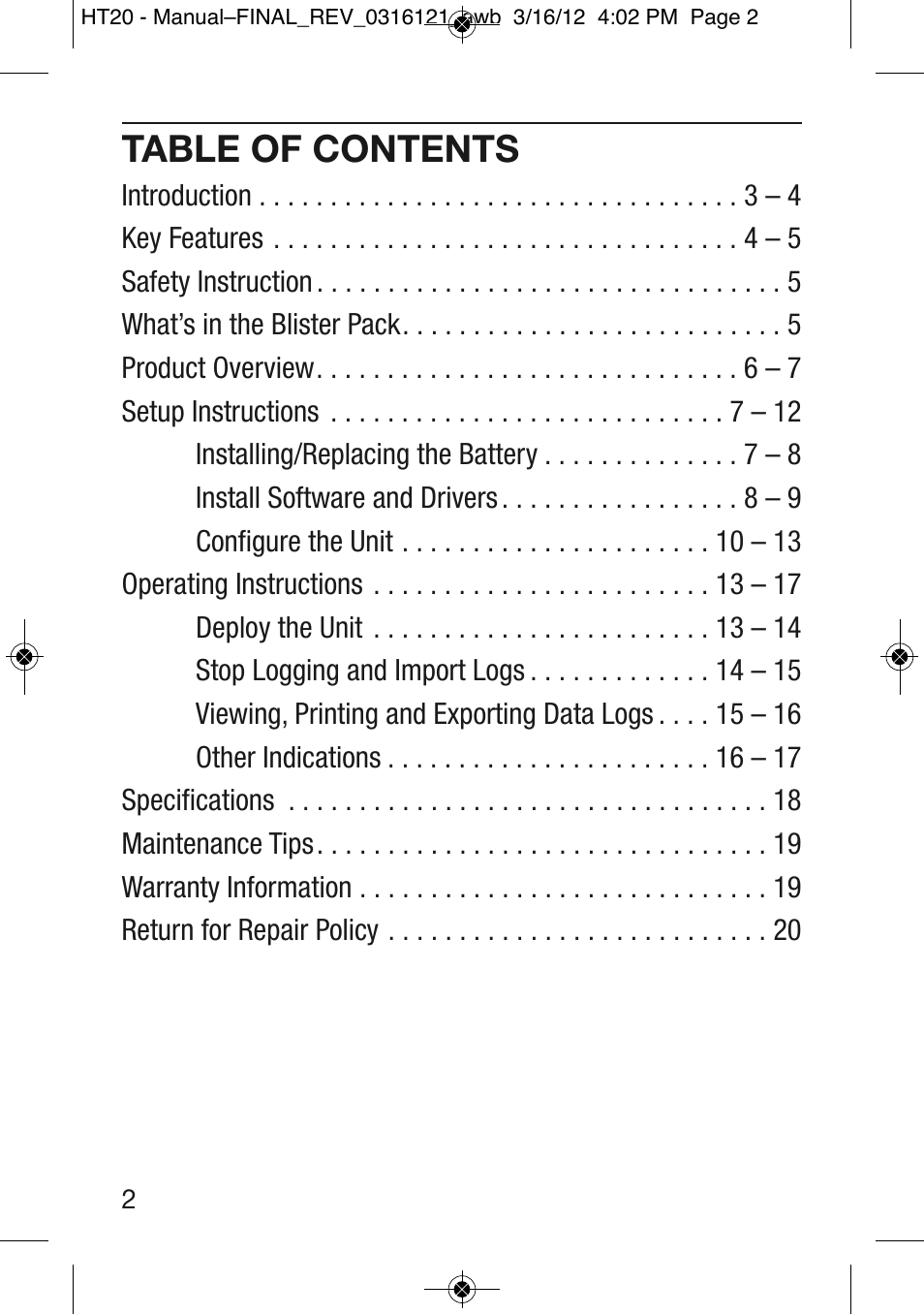 General Tools and Instruments HT20 User Manual | Page 2 / 20