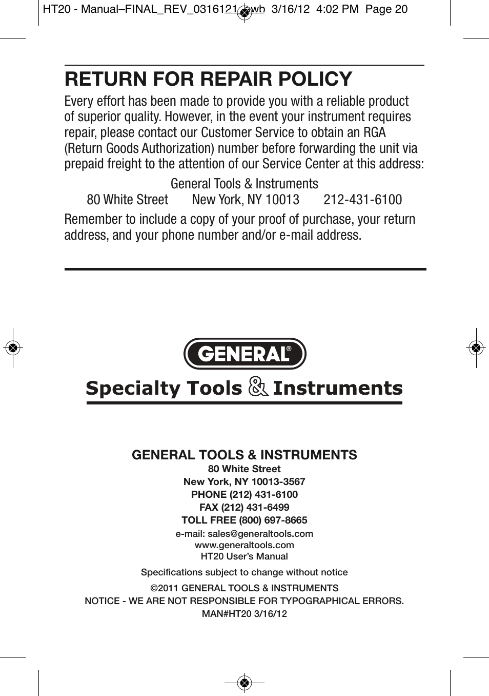 Return for repair policy | General Tools and Instruments HT20 User Manual | Page 20 / 20